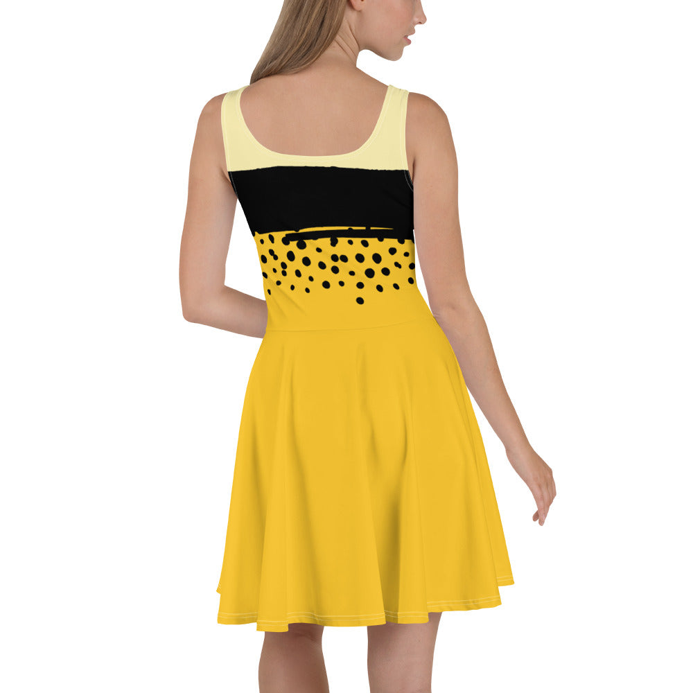 Woman with Yellow skater dress with black stripe