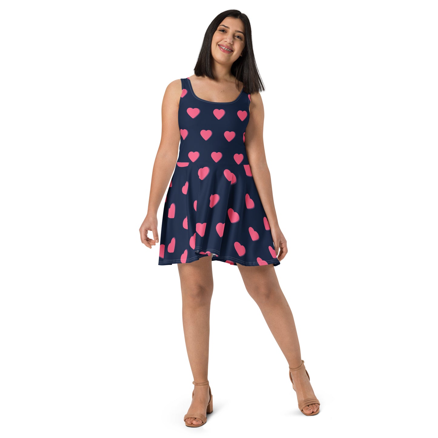 Woman with blue skater dress with hearts 
