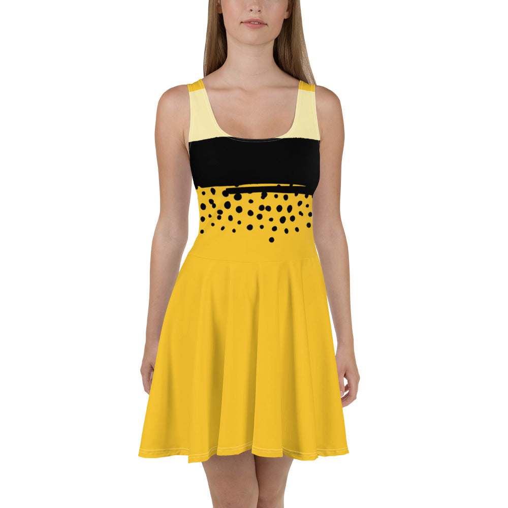 Woman with Yellow skater dress with black stripe