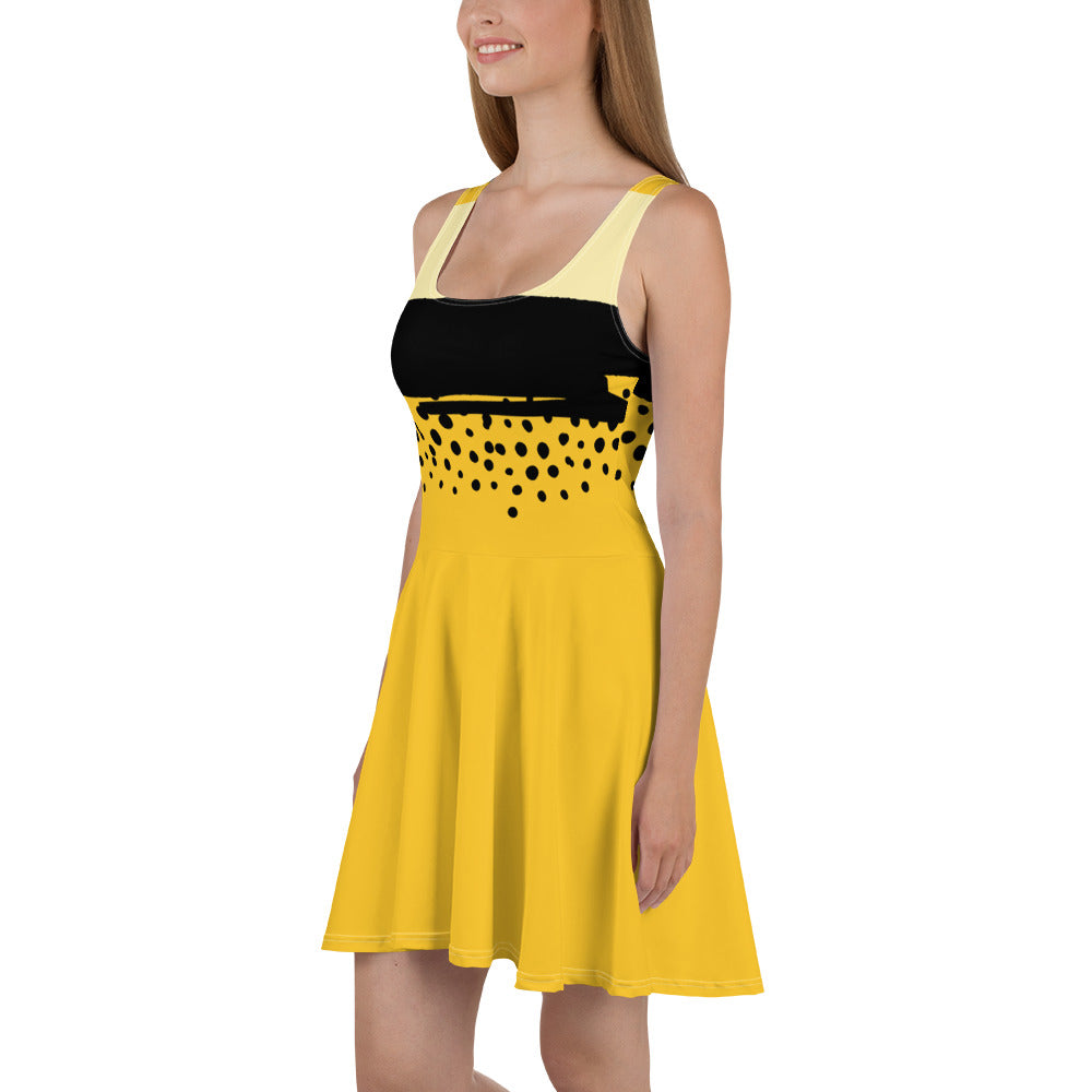 Woman with Yellow skater dress with black stripe
