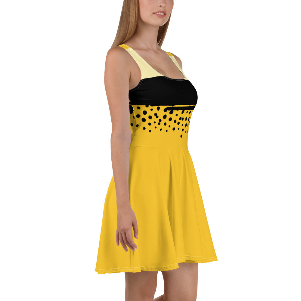 Woman with Yellow skater dress with black stripe
