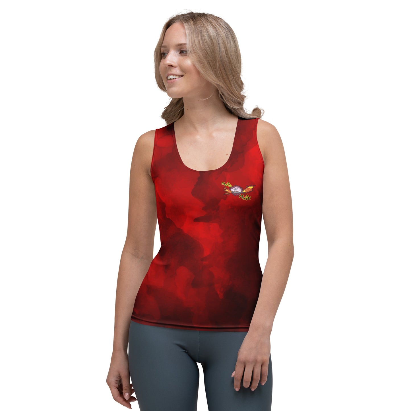 Women with red tank top with logo mad max on front
