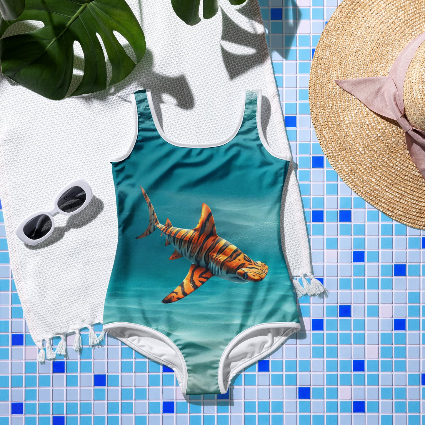 Swimsuit for girls in ocean blue with a print of a hammerhead shark