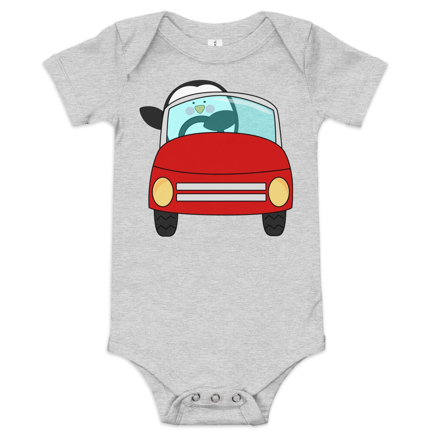 grey baby short sleeve one piece with picture of penguin driving a red car