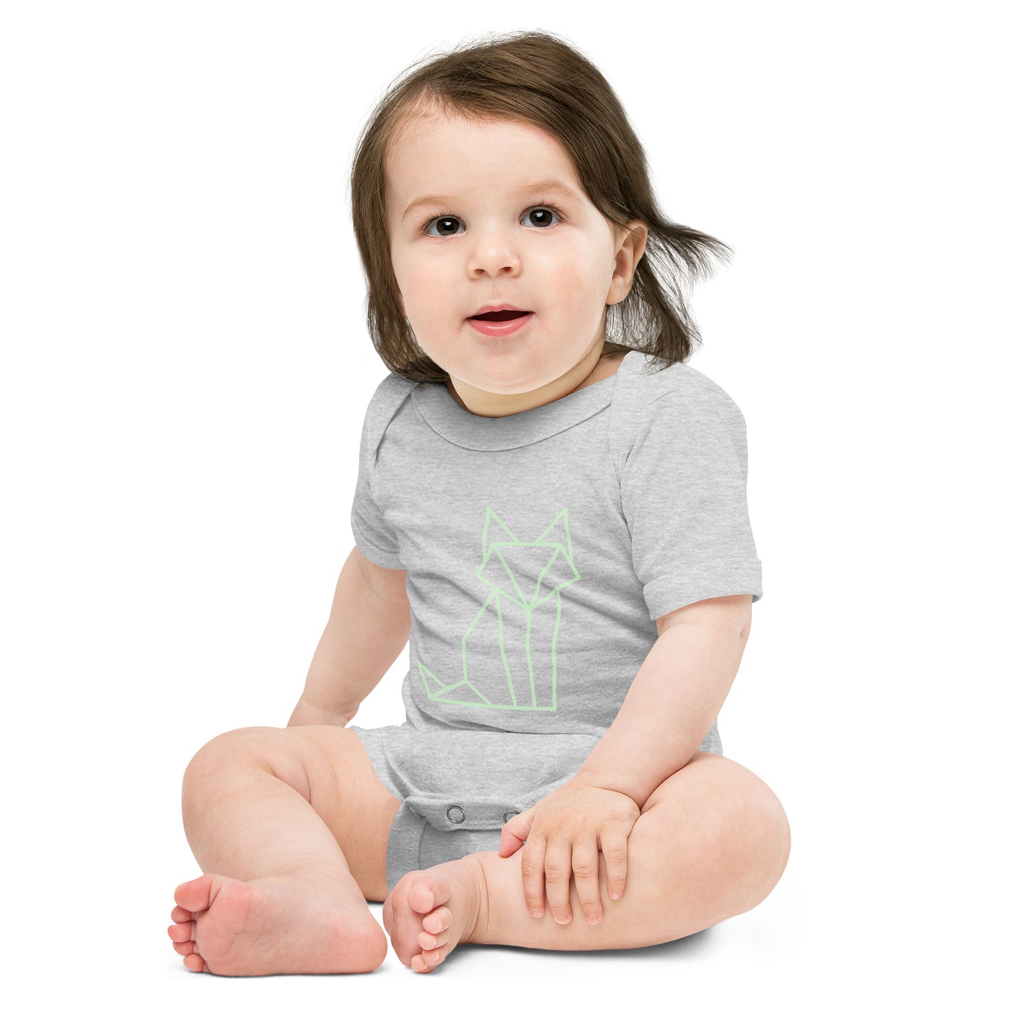 Baby with a grey short sleeve one piece with a print of a fox in green