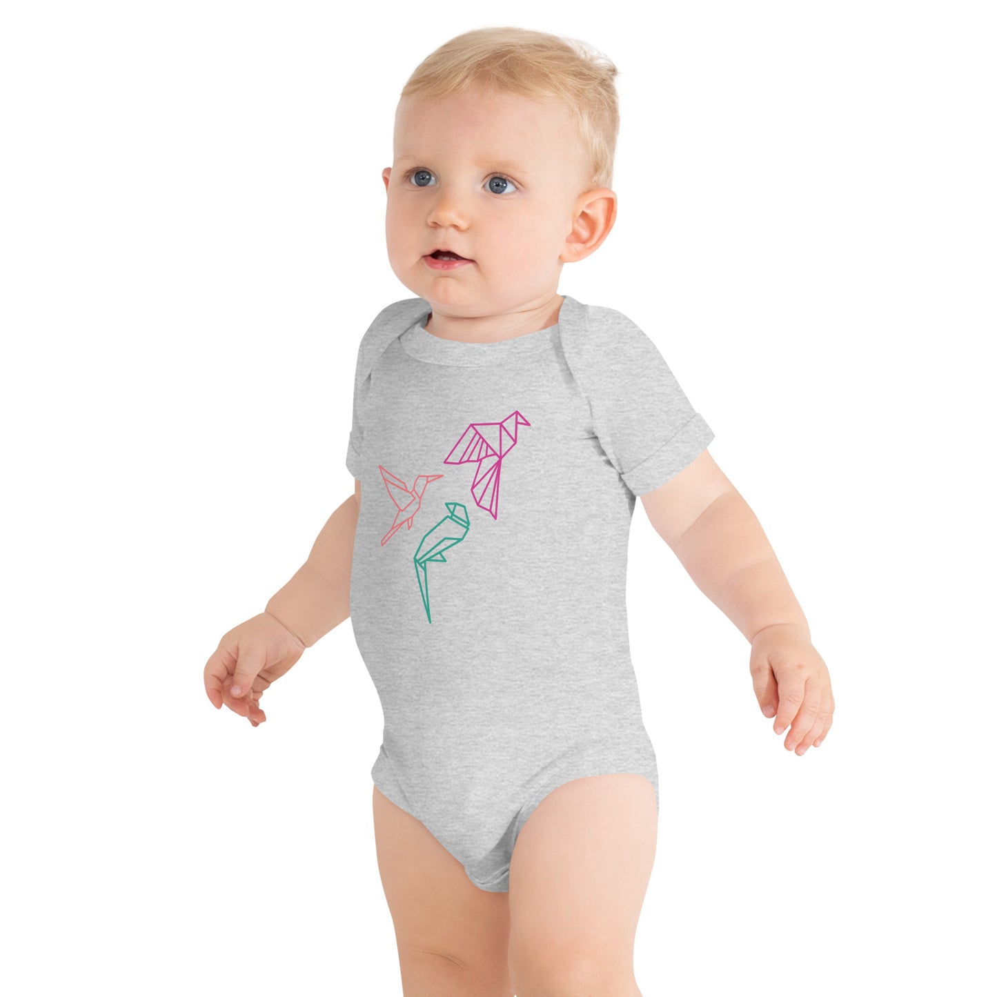 Baby with a light grey short sleeve one piece with three birds in Orange, Green and Pink