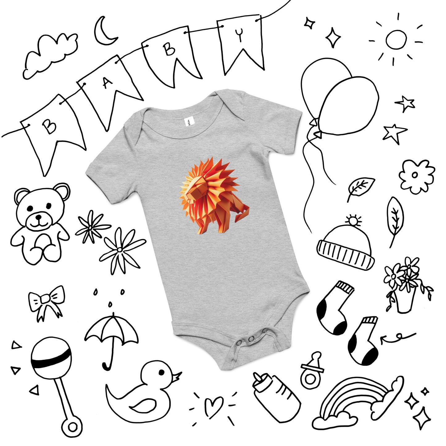 Baby with grey bodysuit with print of a lion