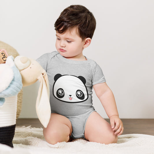 Baby with grey babysuit with print of panda head