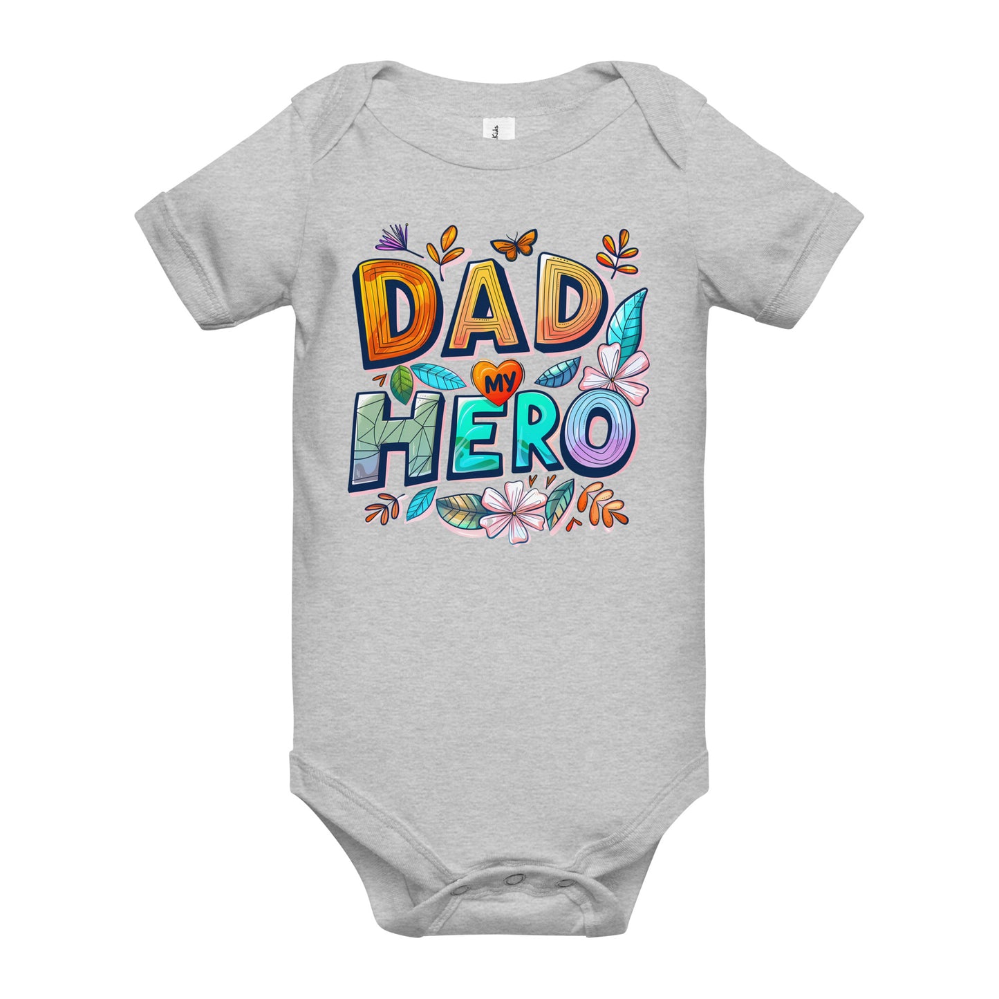 grey baby short sleeve one piece with text "Dad my Hero"