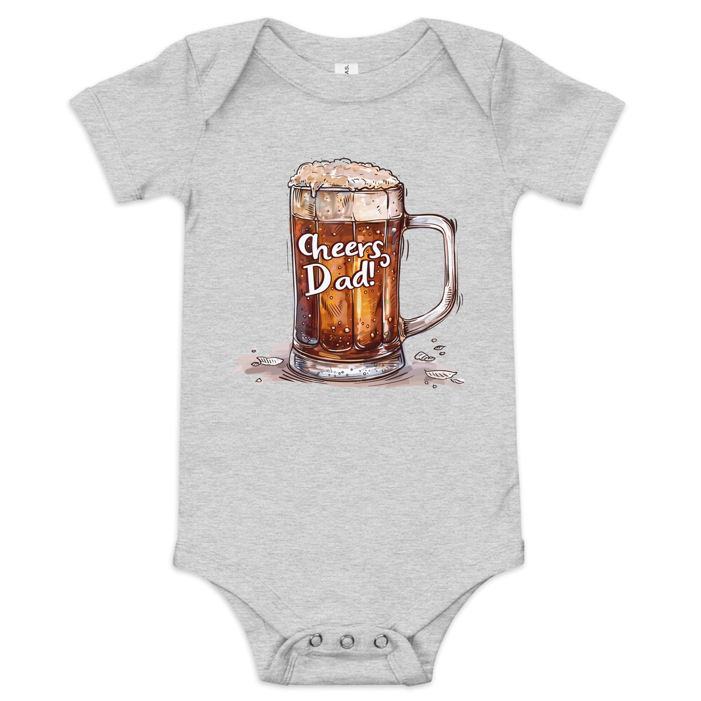 grey baby short sleeve one piece with picture of glass of beer with text "Cheers dad"