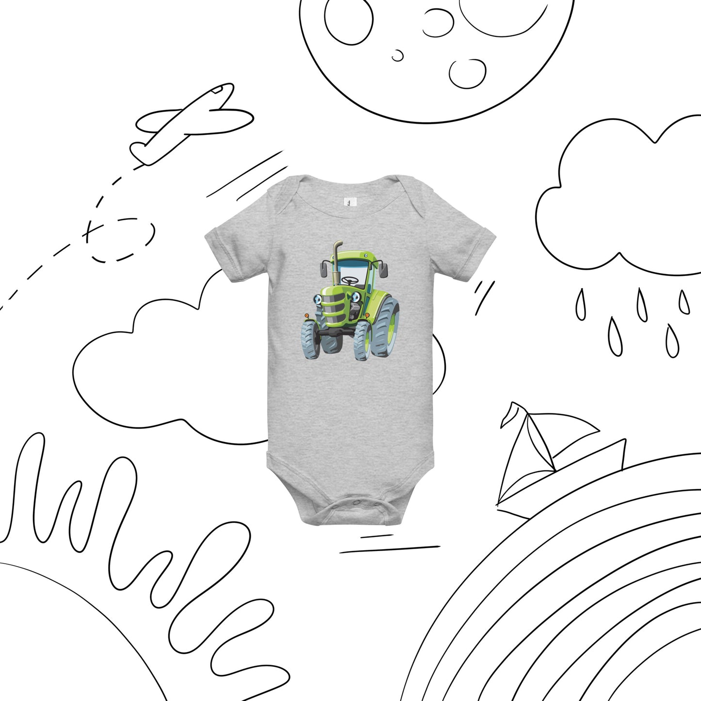 Athletic grey short sleeve one piece with a print of a green tractor