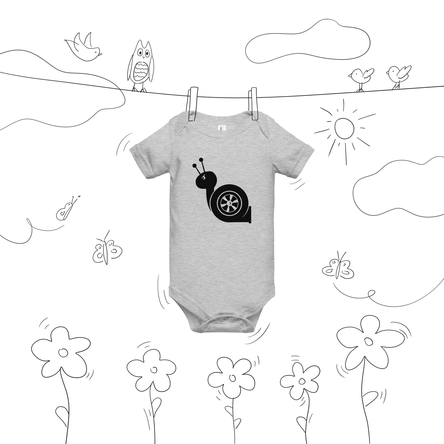 athletic grey baby short sleeve one piece with a turbo snail print