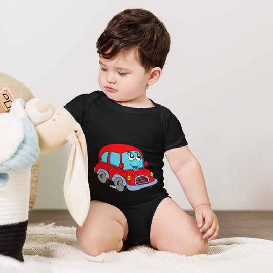 baby with black short sleeve one piece with picture of a red car