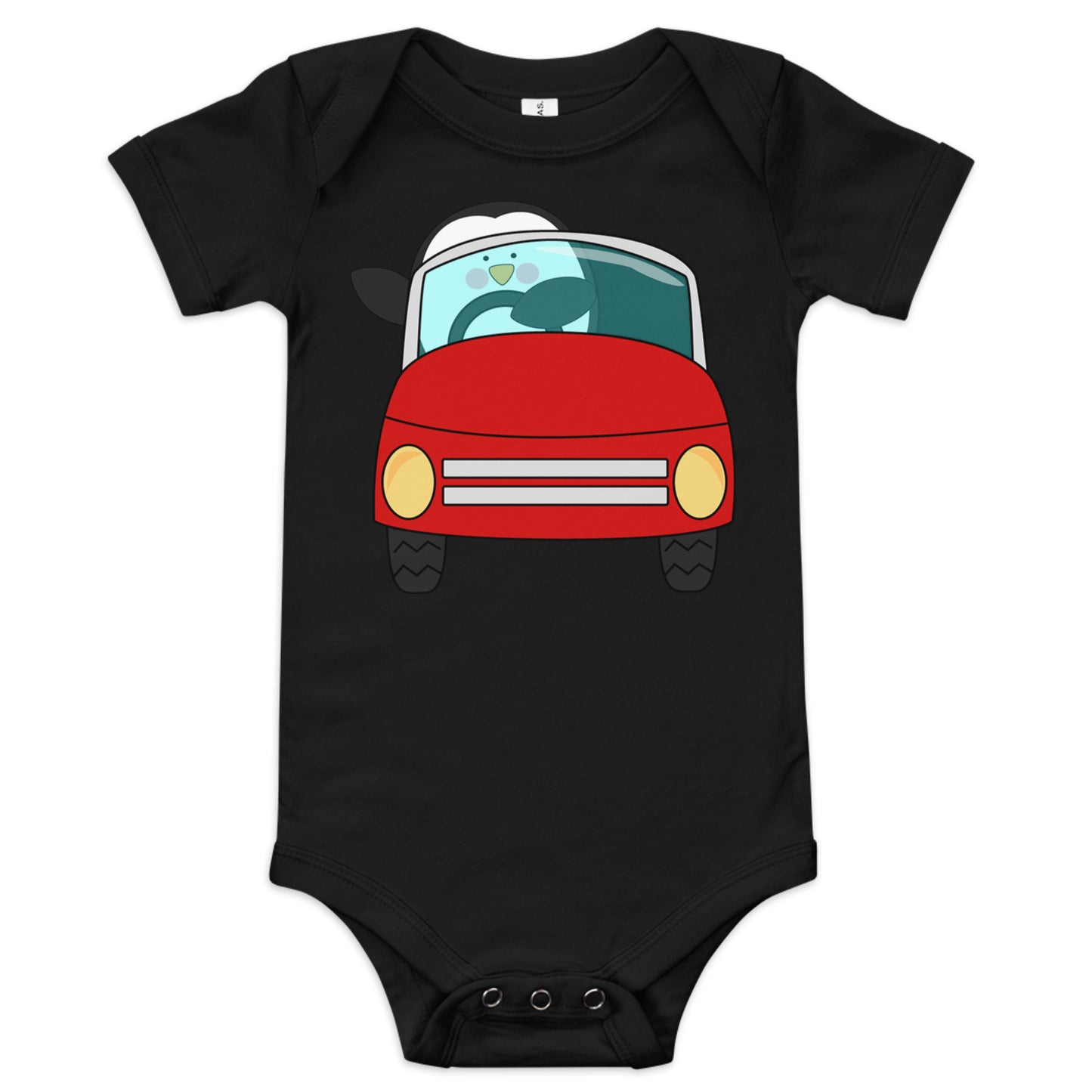 black baby short sleeve one piece with picture of penguin driving a red car