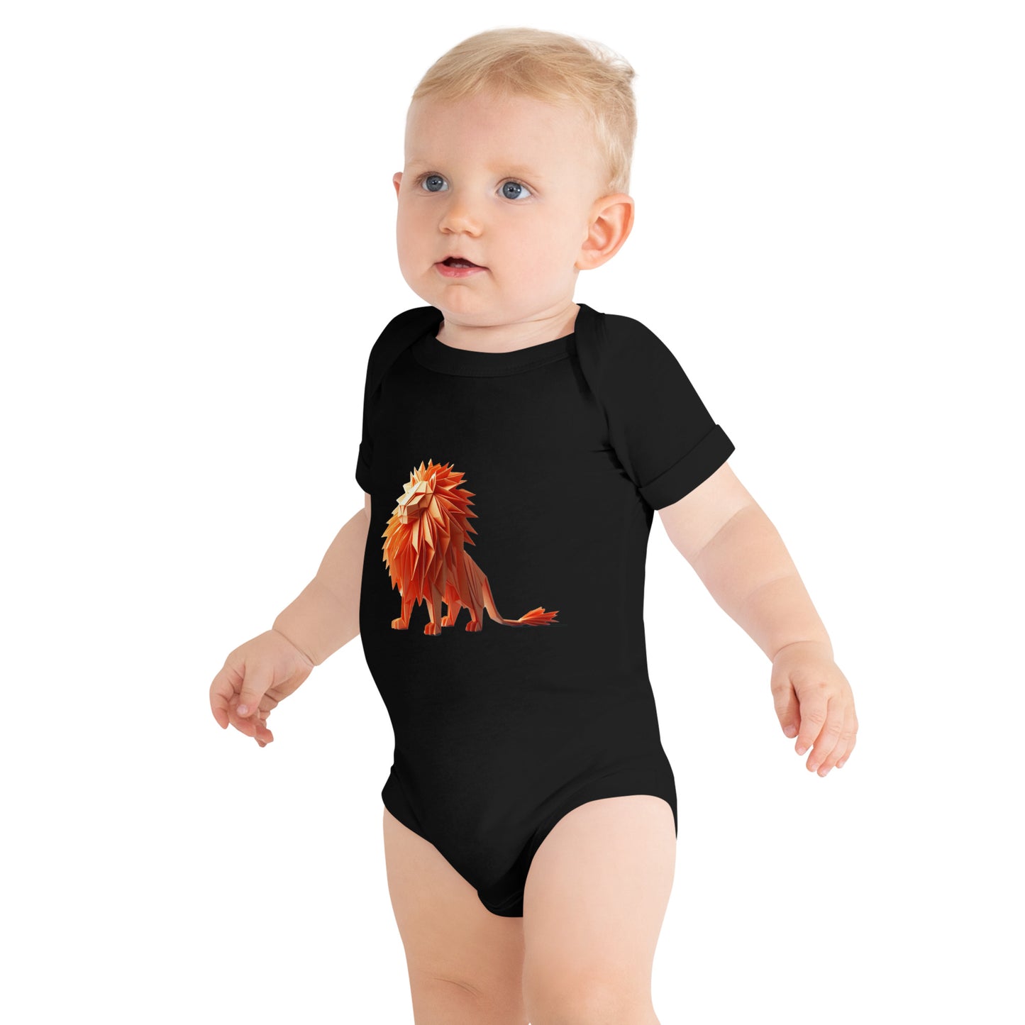 Baby with a black bodysuit with a print of a lion