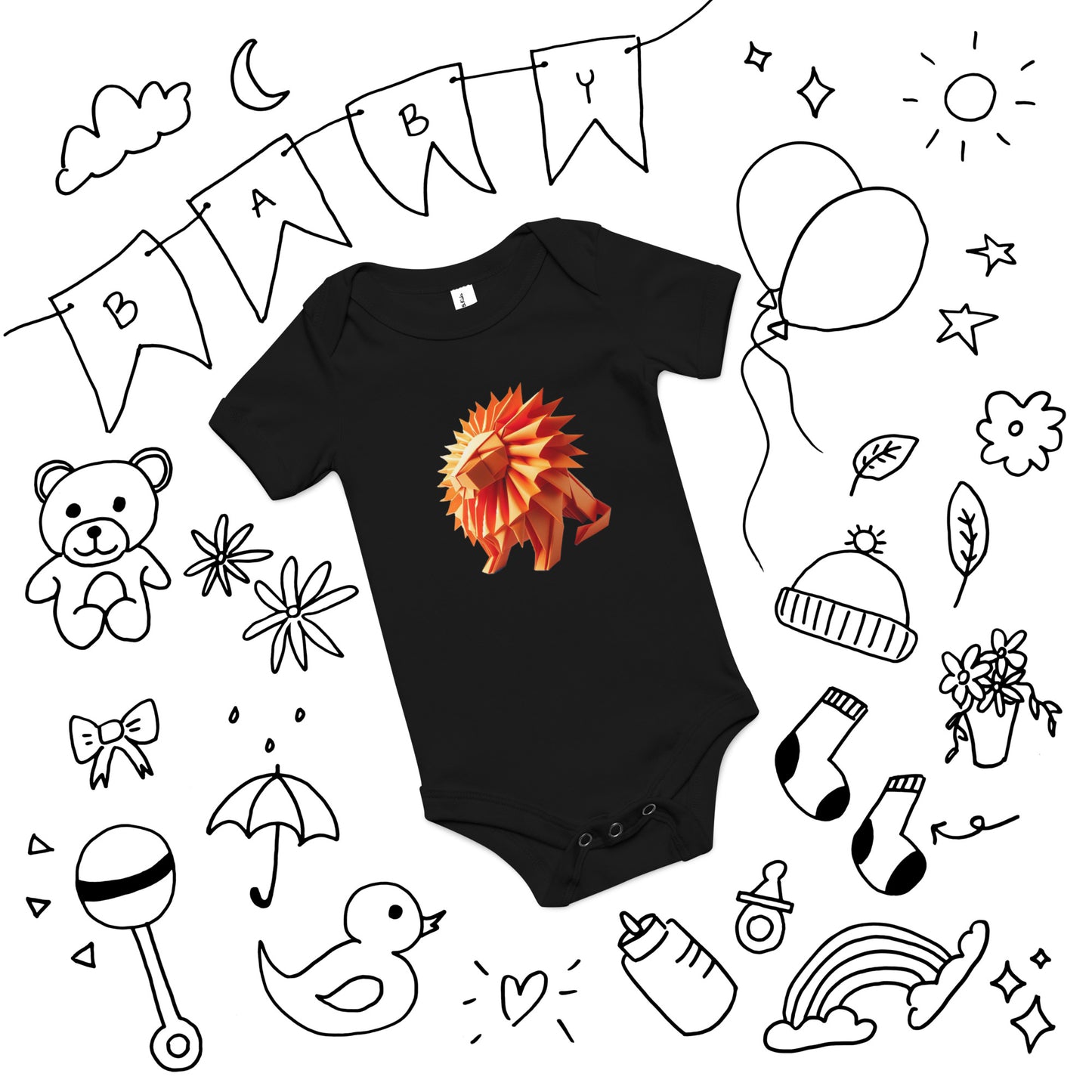 Baby with black bodysuit with print of a lion