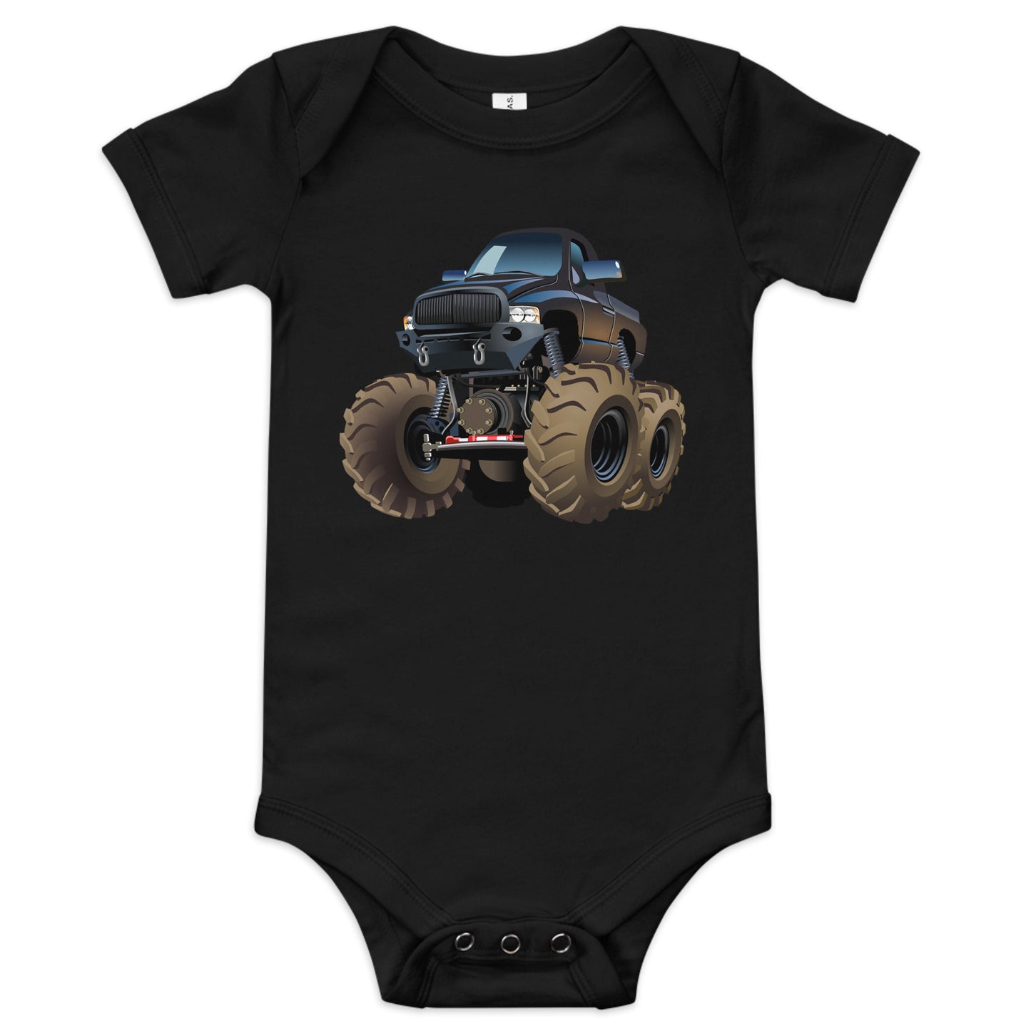Black short sleeve one piece with picture of a monstertruck