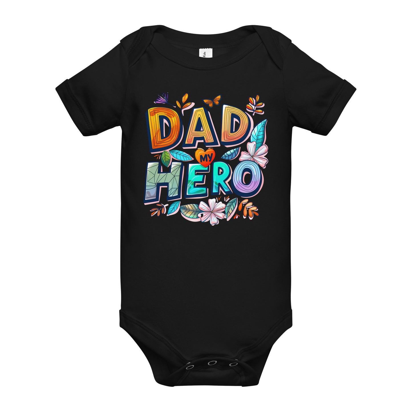 black baby short sleeve one piece with text "Dad my Hero"