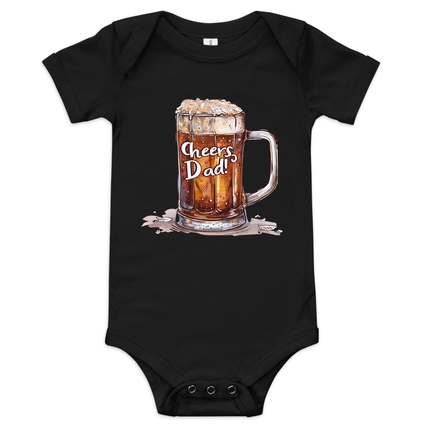 black baby short sleeve one piece with picture of glass of beer with text "Cheers dad"