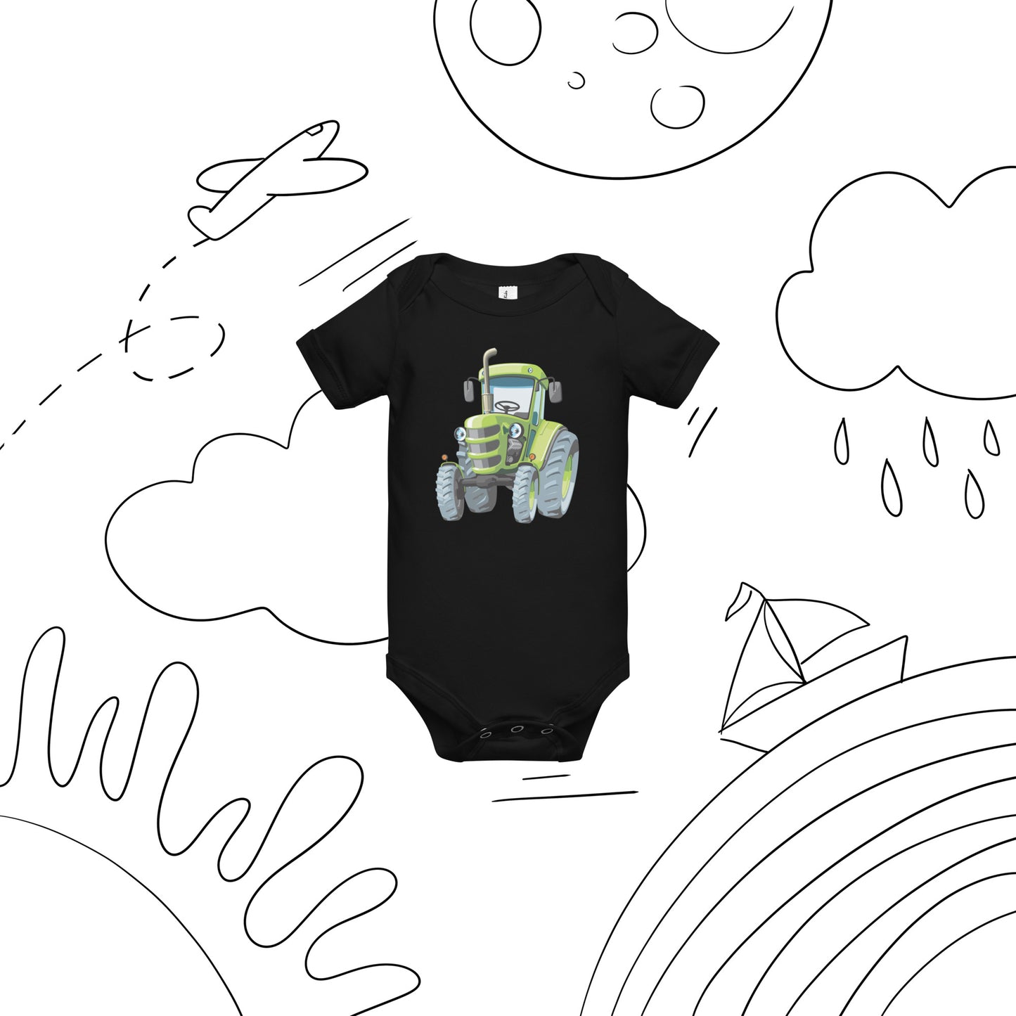 Black short sleeve one piece with a print of a green tractor