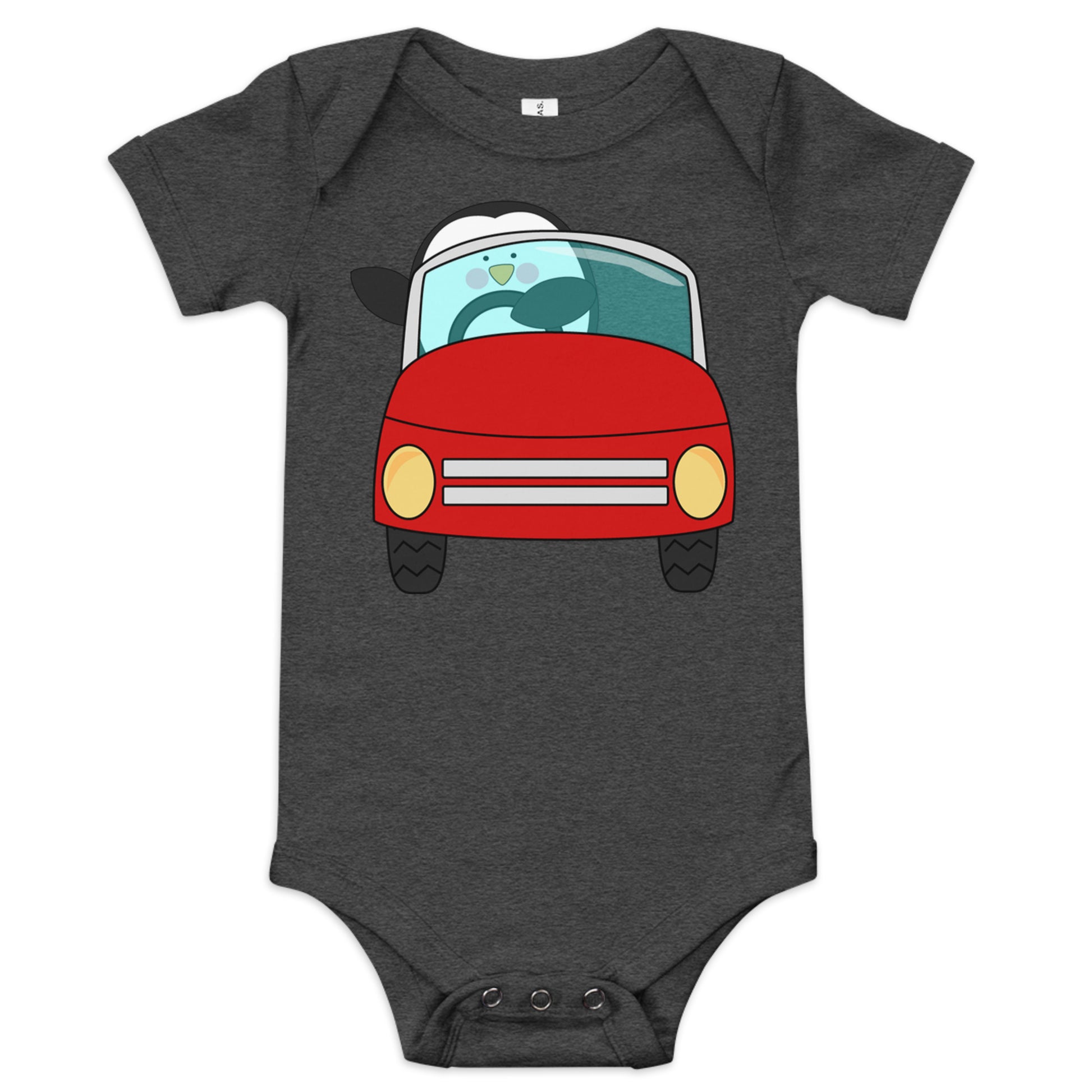 dark grey baby short sleeve one piece with picture of penguin driving a red car