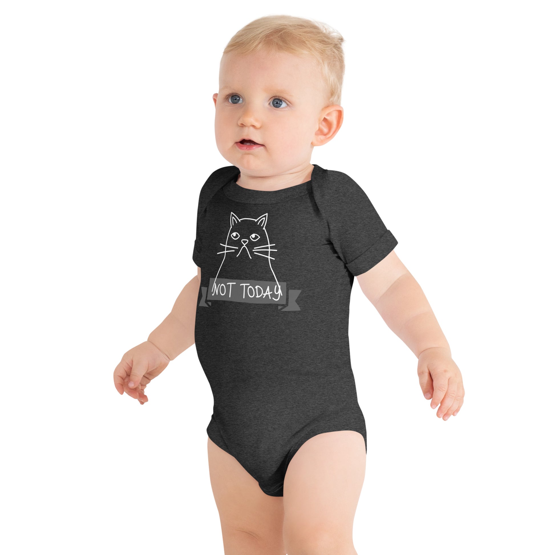 baby with dark gray one piece with drawing of a cat and text "Not today"