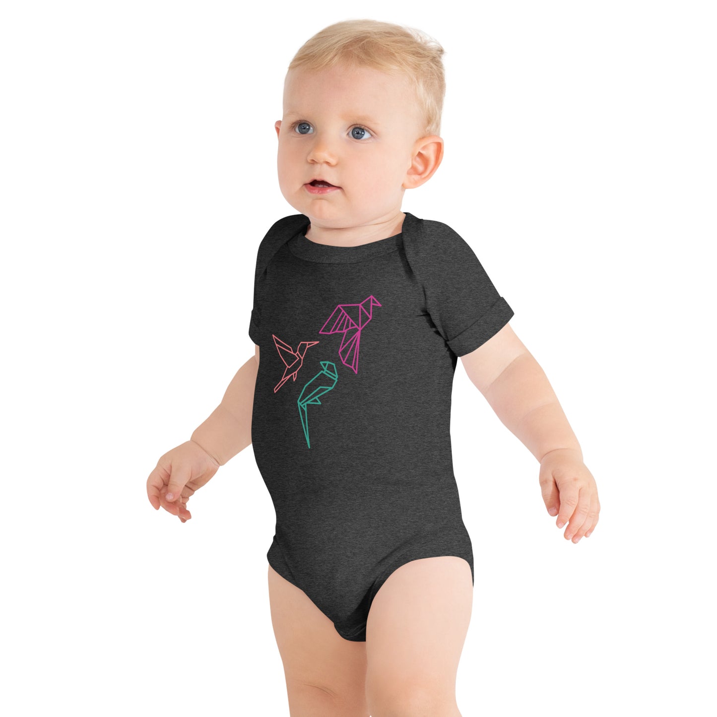 Baby with a dark grey short sleeve one piece with three birds in Orange, Green and Pink
