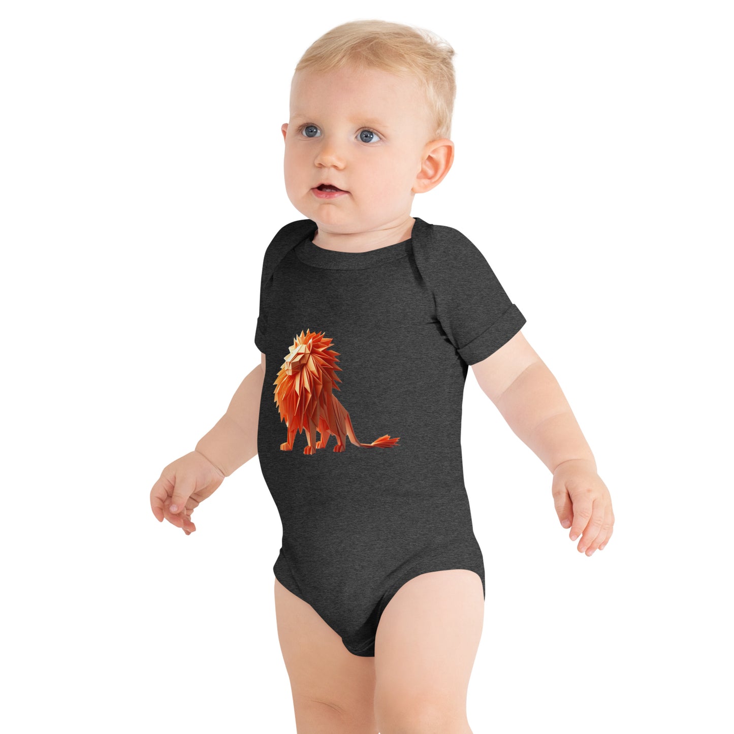 Baby with a dark grey bodysuit with a print of a lion