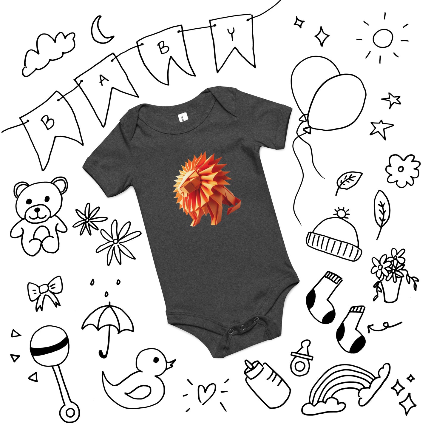 Baby with dark grey bodysuit with print of a lion