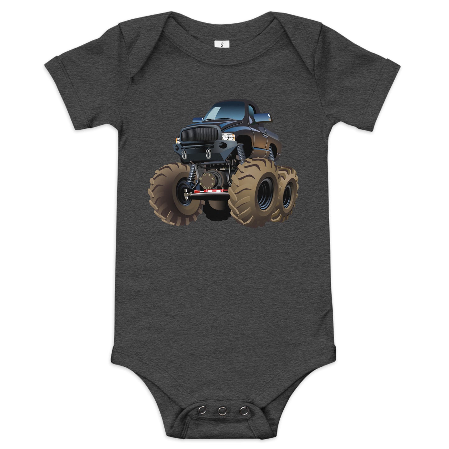 Dark grey short sleeve one piece with picture of a monstertruck