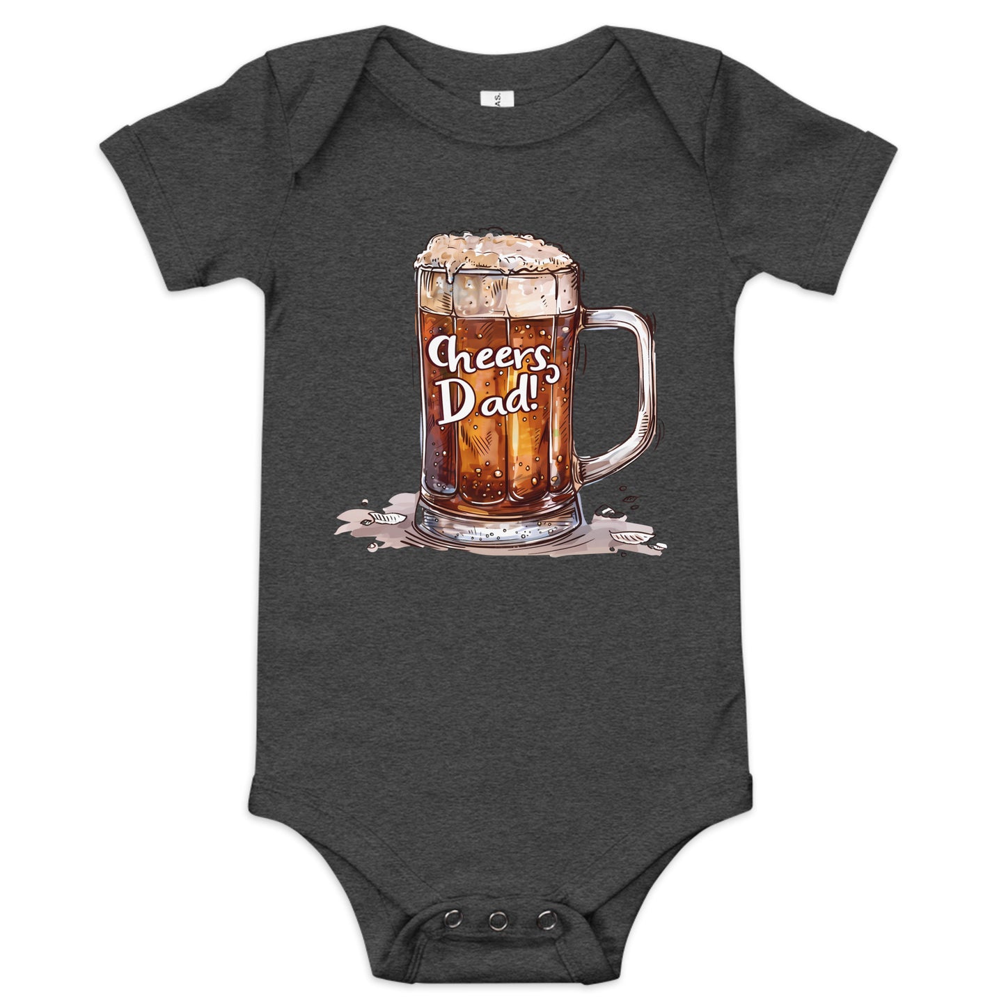 grey baby short sleeve one piece with picture of glass of beer with text "Cheers dad"