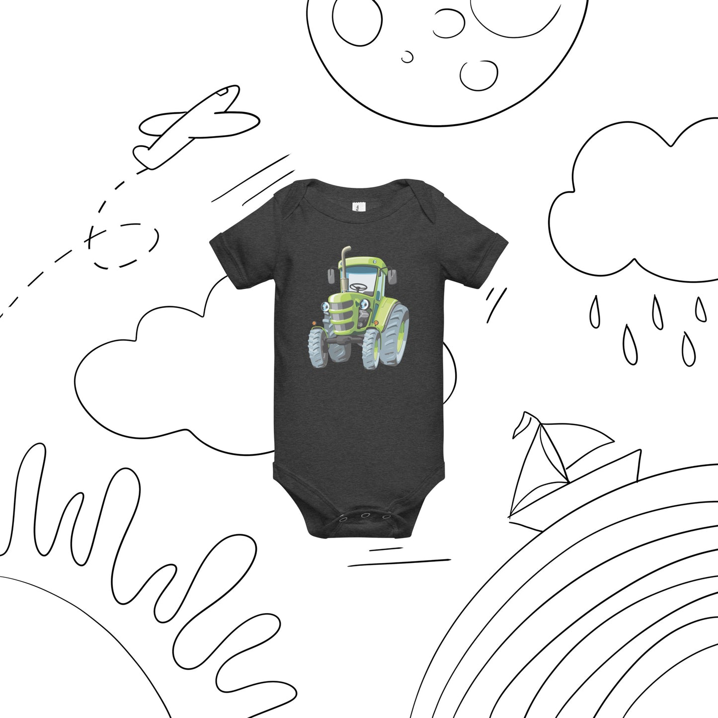 Dark grey short sleeve one piece with a print of a green tractor