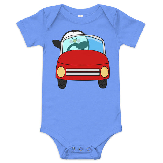 blue baby short sleeve one piece with picture of penguin driving a red car