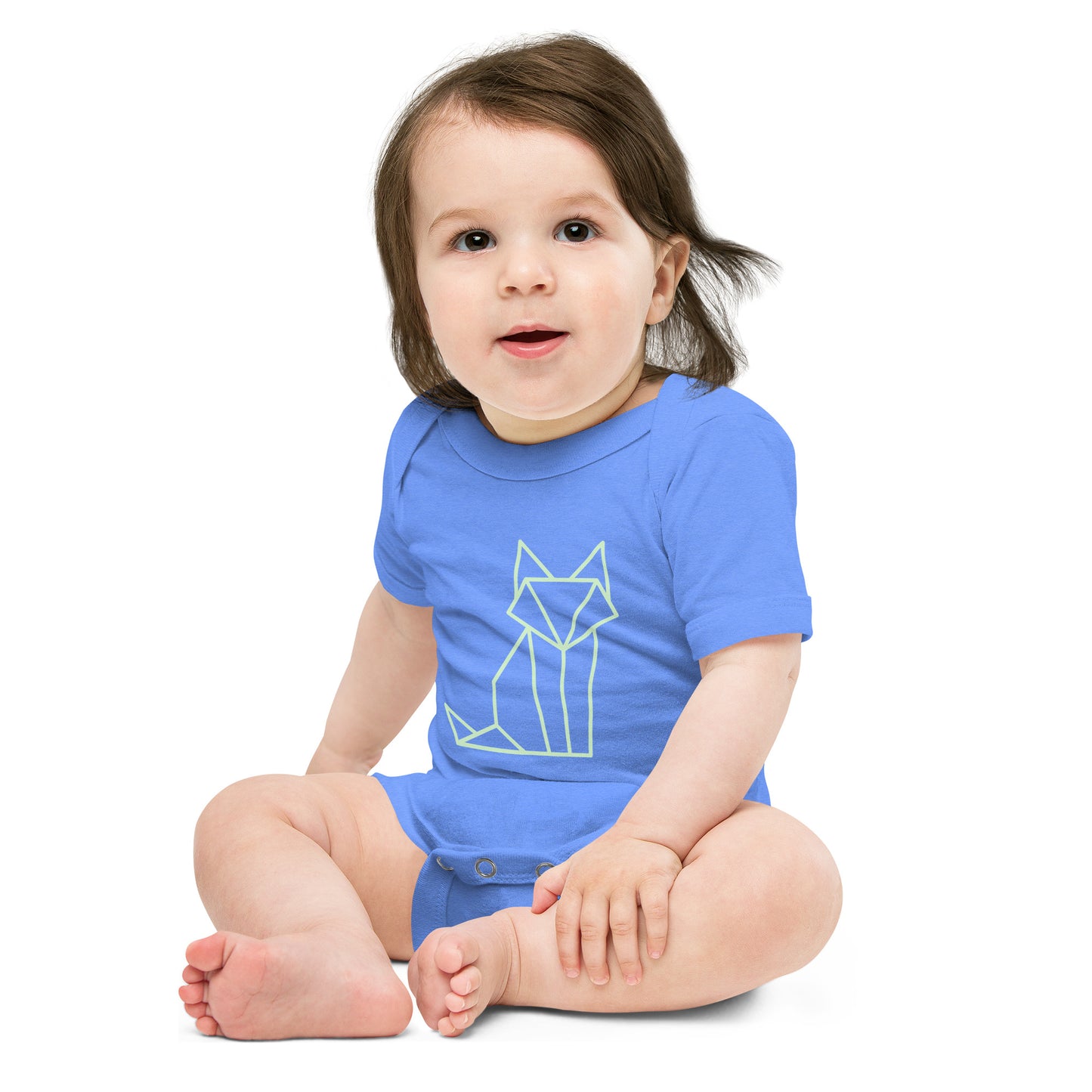 Baby with a columbia blue short sleeve one piece with a print of a fox in green