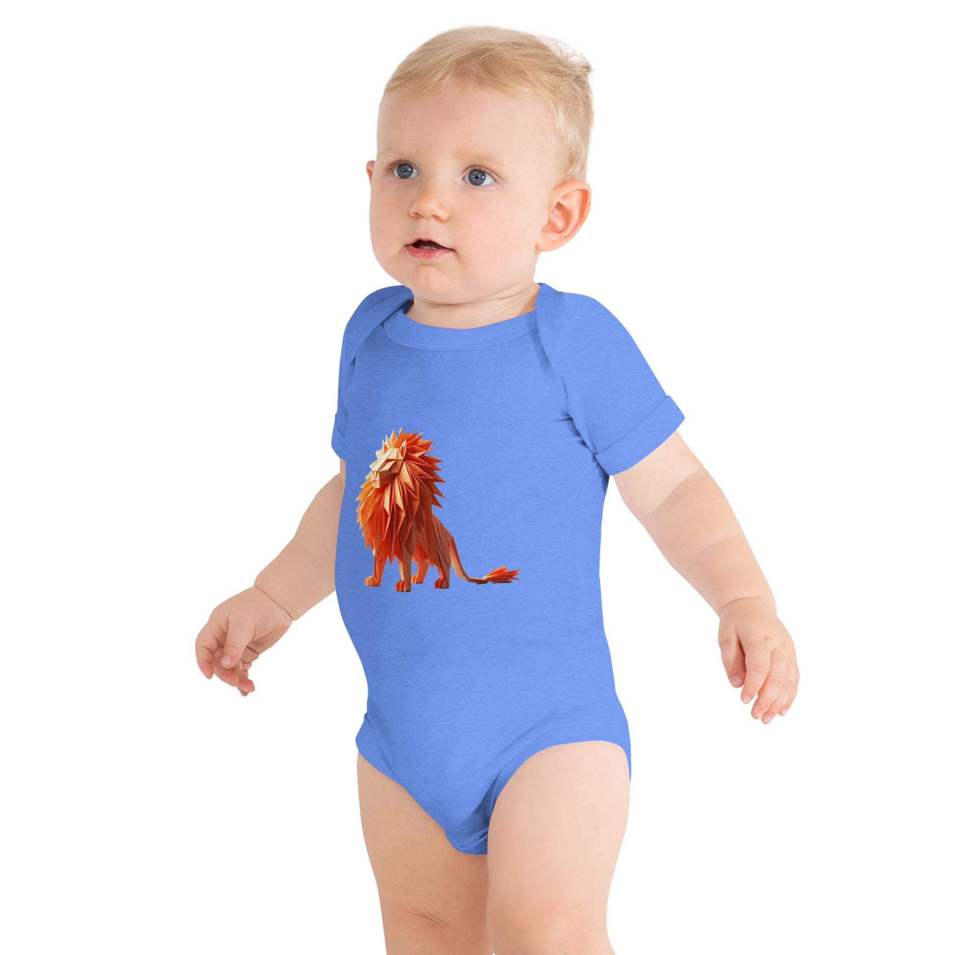 Baby with a columbia blue bodysuit with a print of a lion