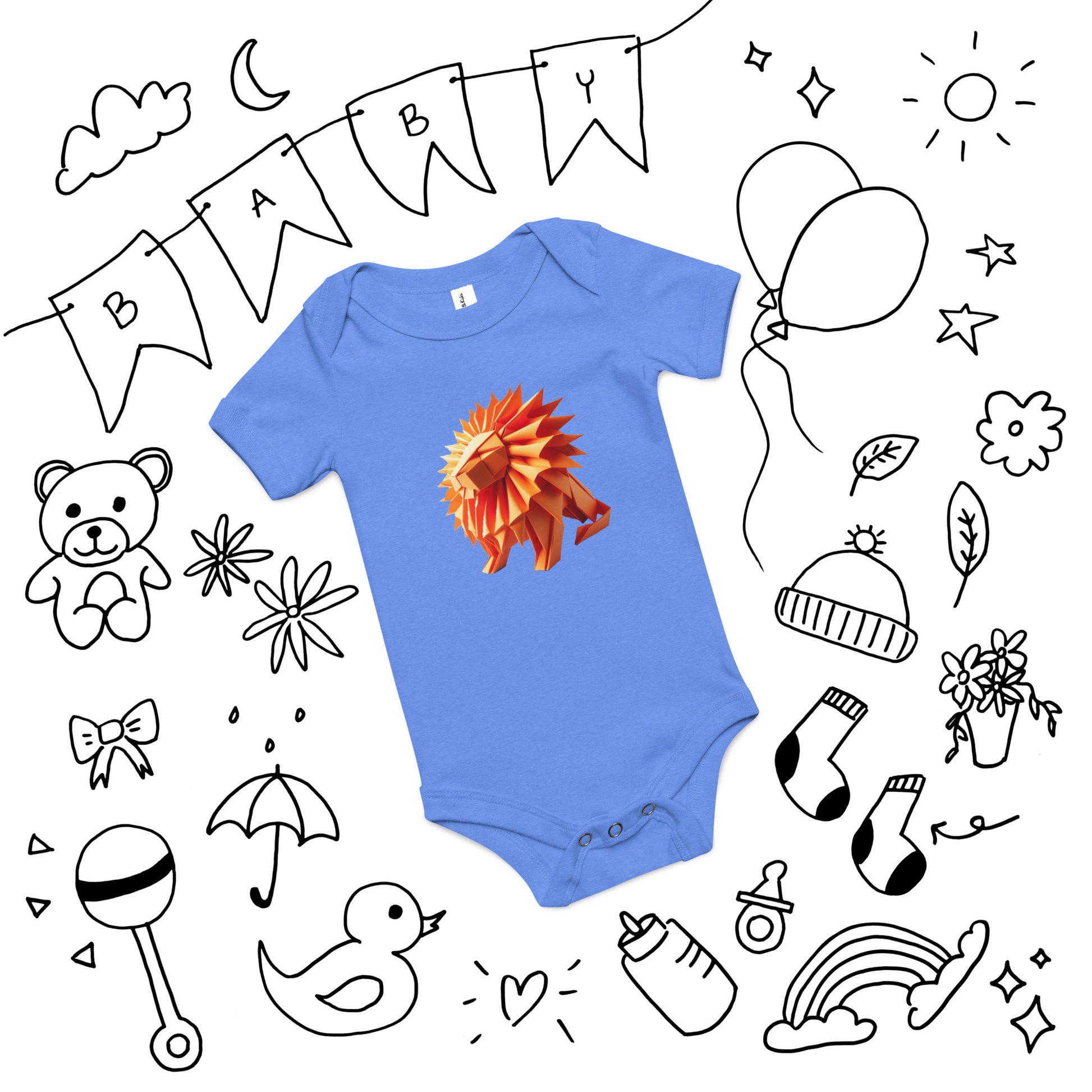 Baby with columbia blue bodysuit with print of a lion