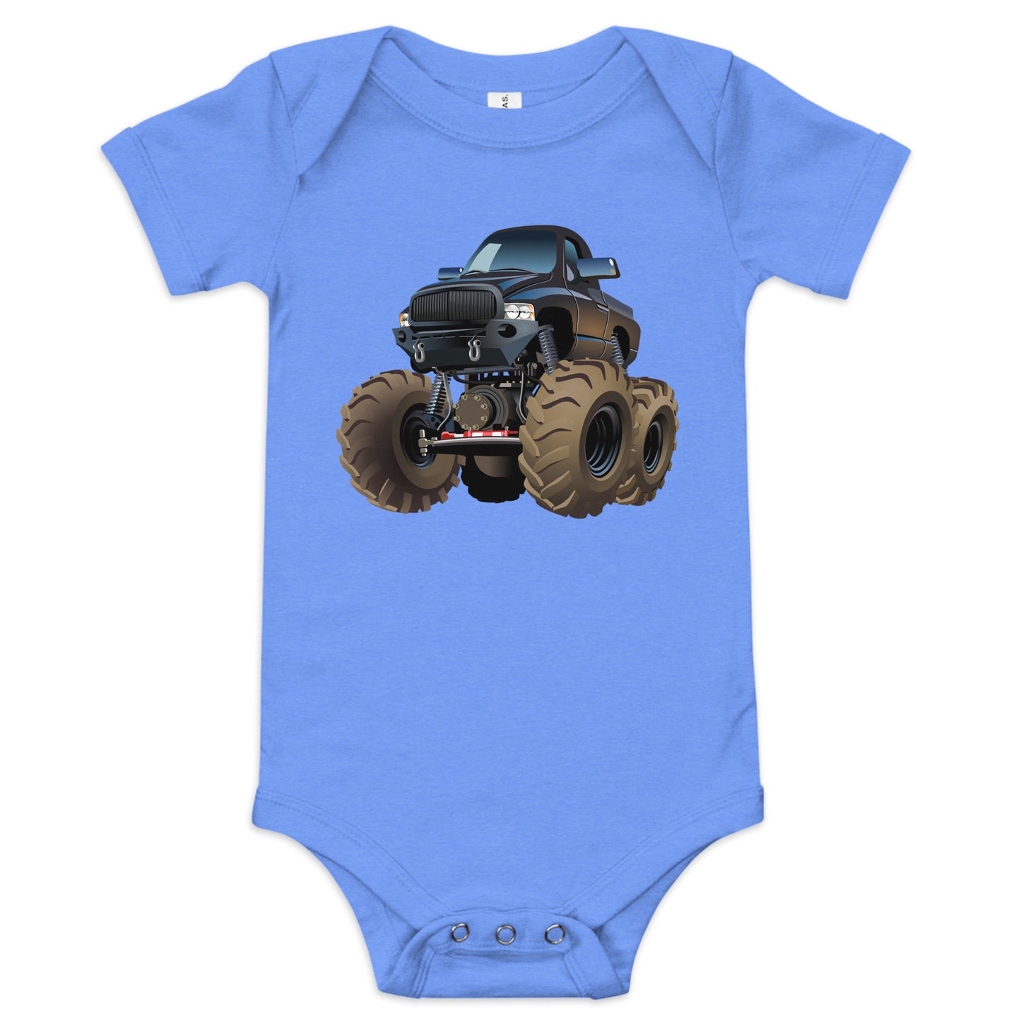 Columbia blue short sleeve one piece with picture of a monstertruck