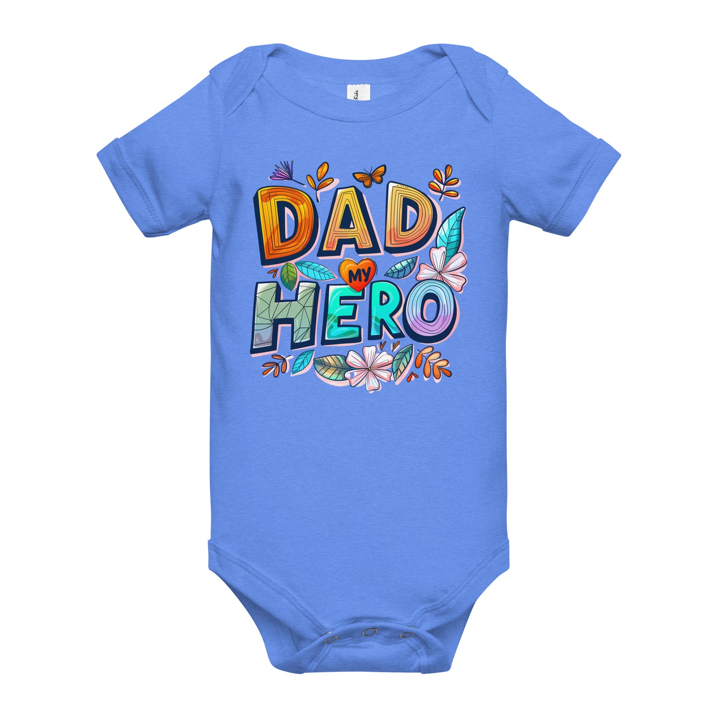 blue baby short sleeve one piece with text "Dad my Hero"