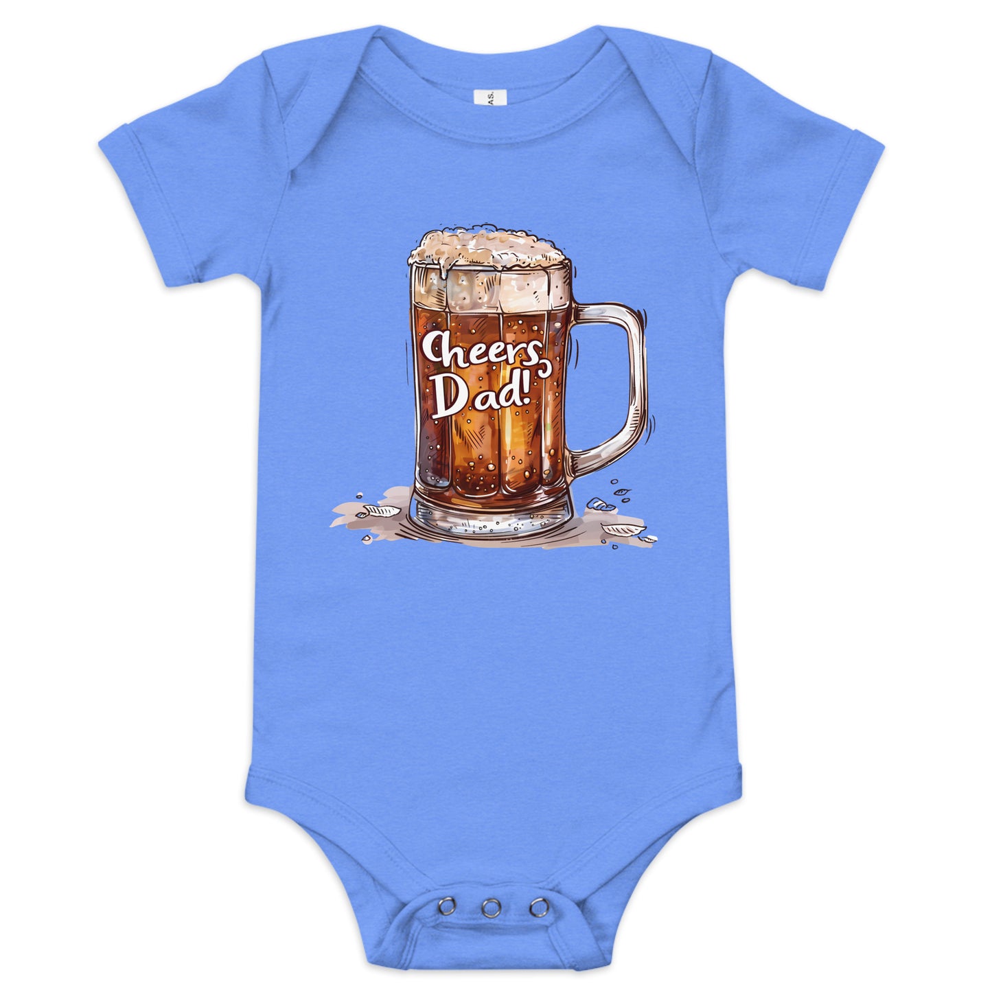 columbia blue baby short sleeve one piece with picture of glass of beer with text "Cheers dad"