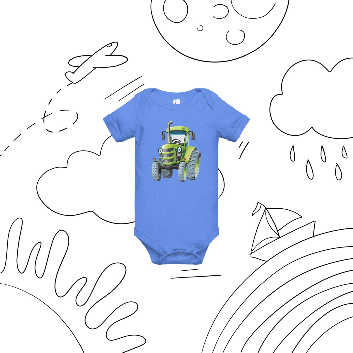 Colombia blue short sleeve one piece with a print of a green tractor