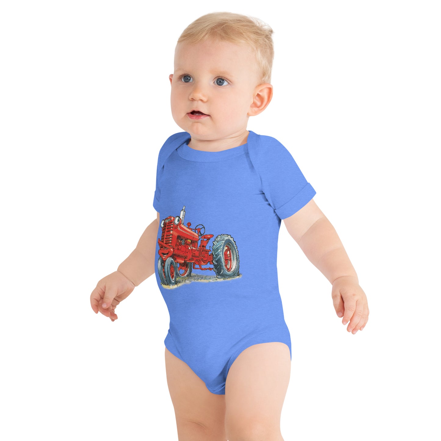 Baby with columbia blue body and a print of a red tractor