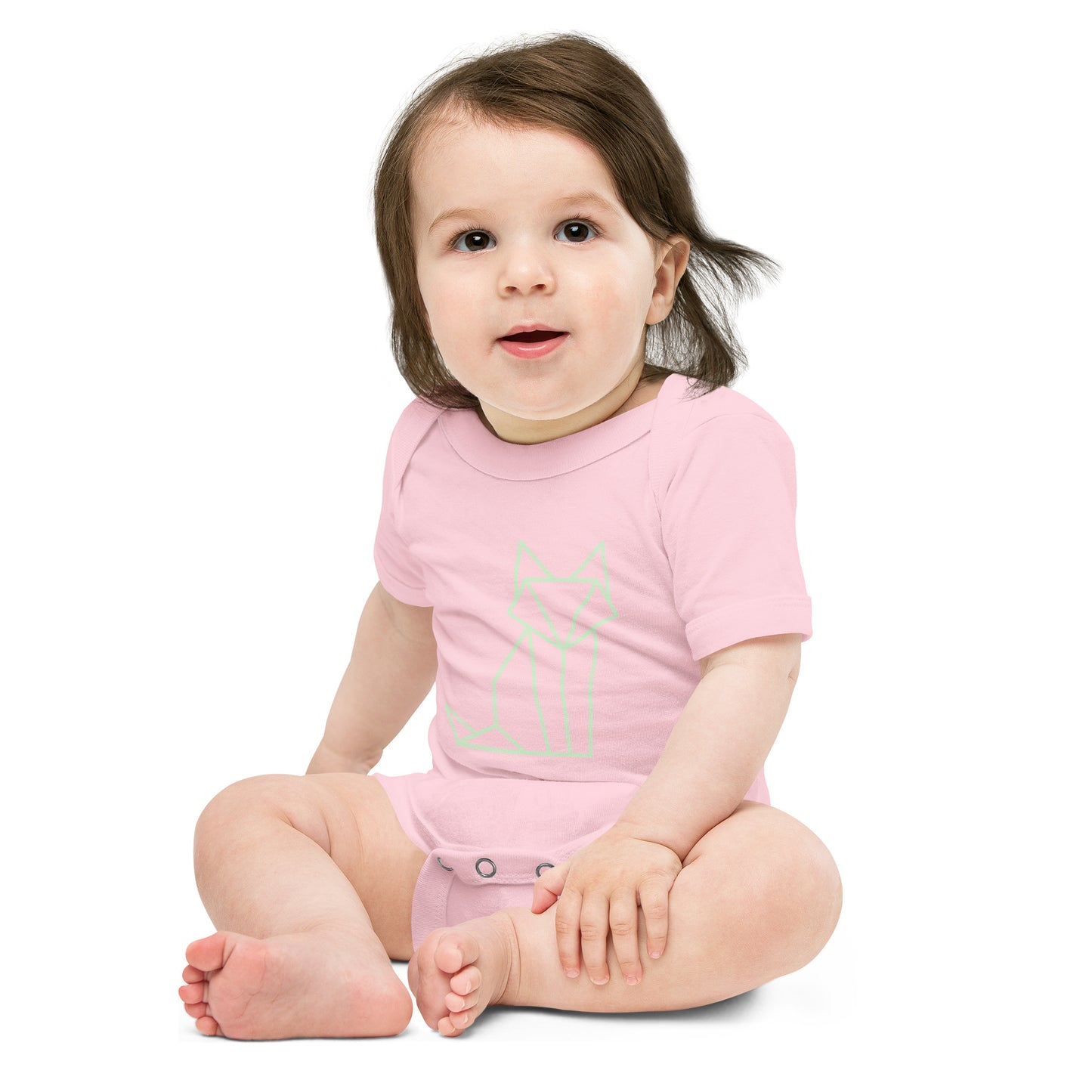 Baby with a pink short sleeve one piece with a print of a fox in green