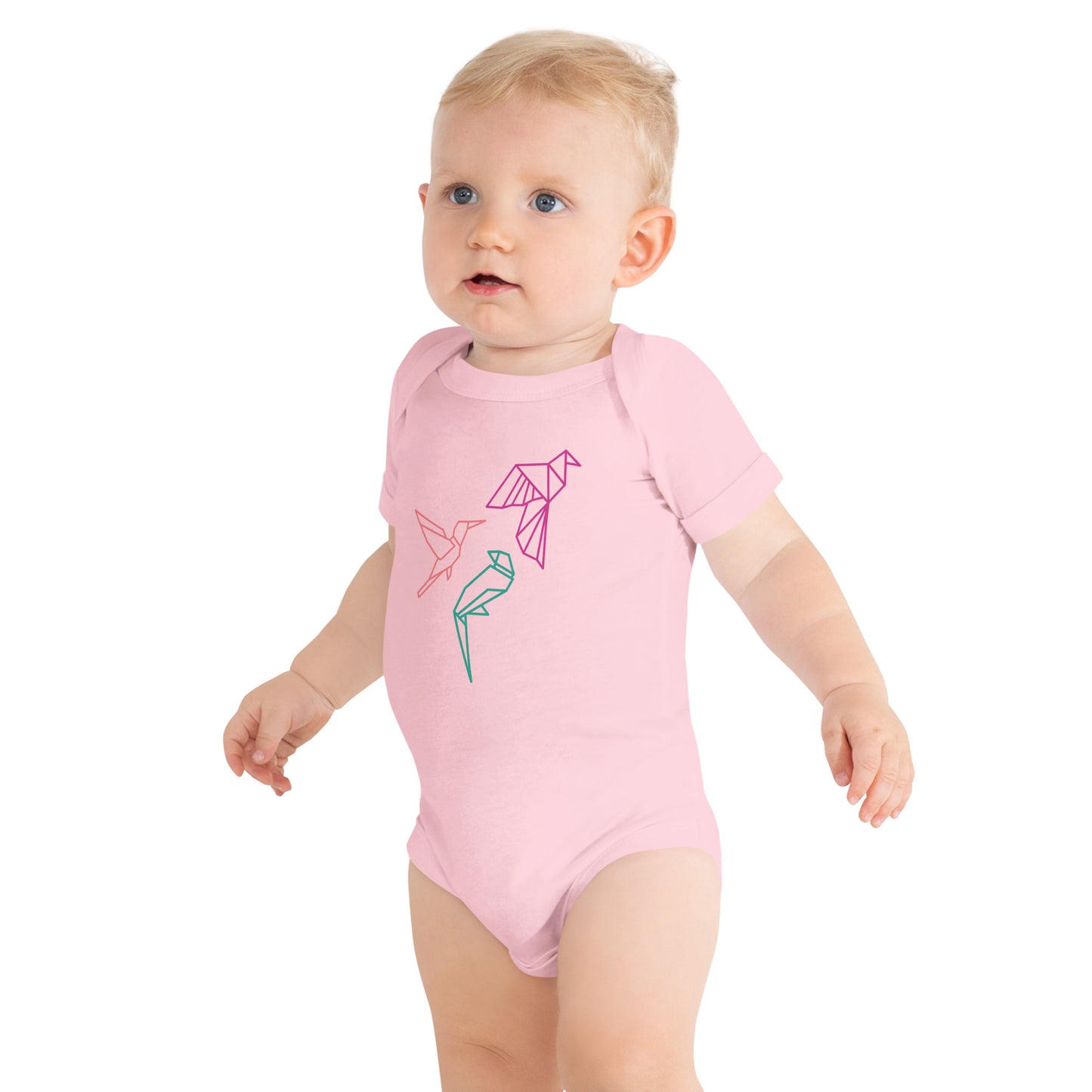 Baby with a pink short sleeve one piece with three birds in Orange, Green and Pink