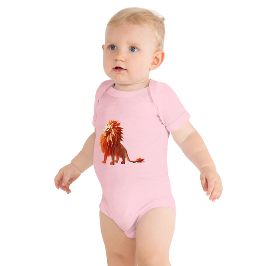 Baby with a pink bodysuit with a print of a lion
