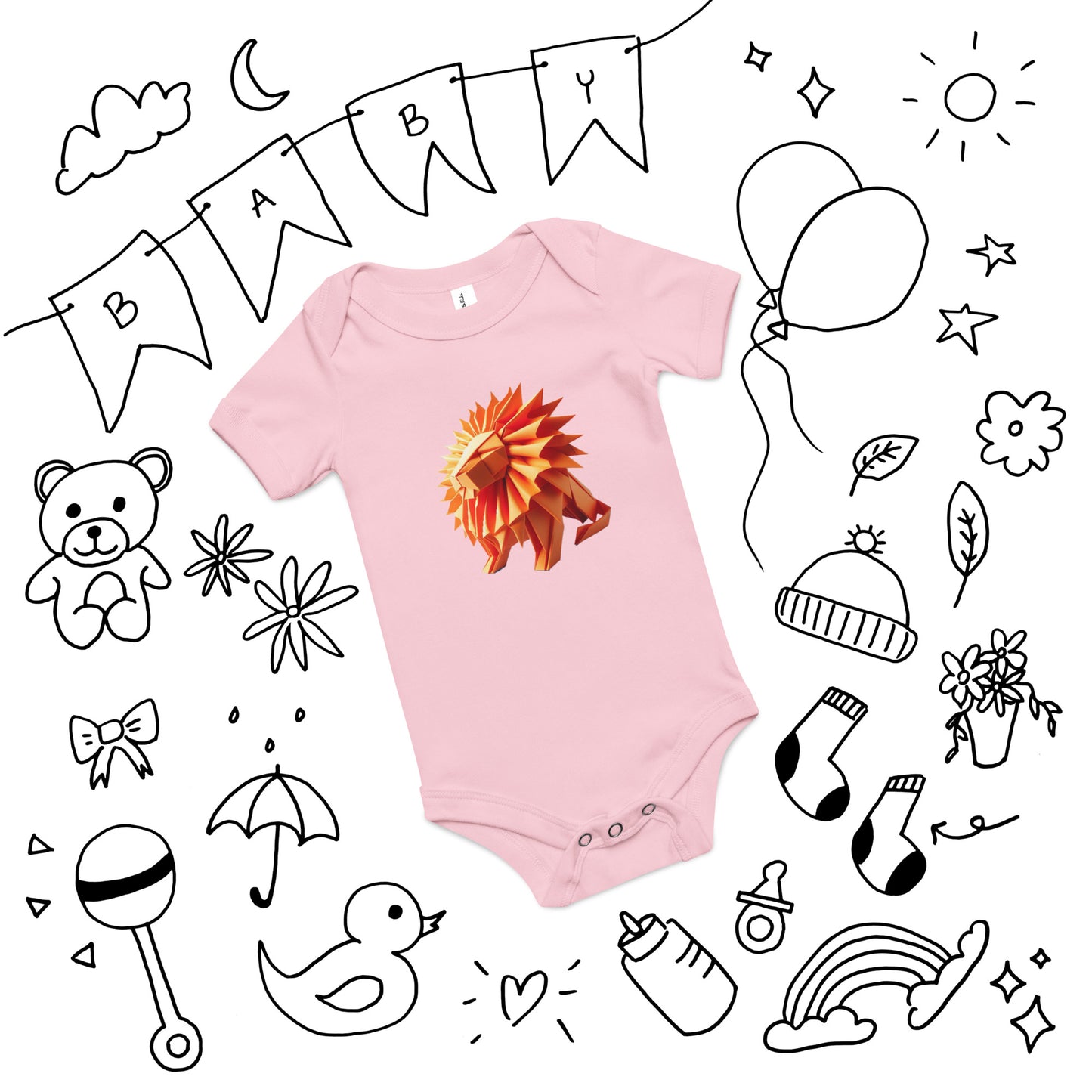 Baby with pink bodysuit with print of a lion