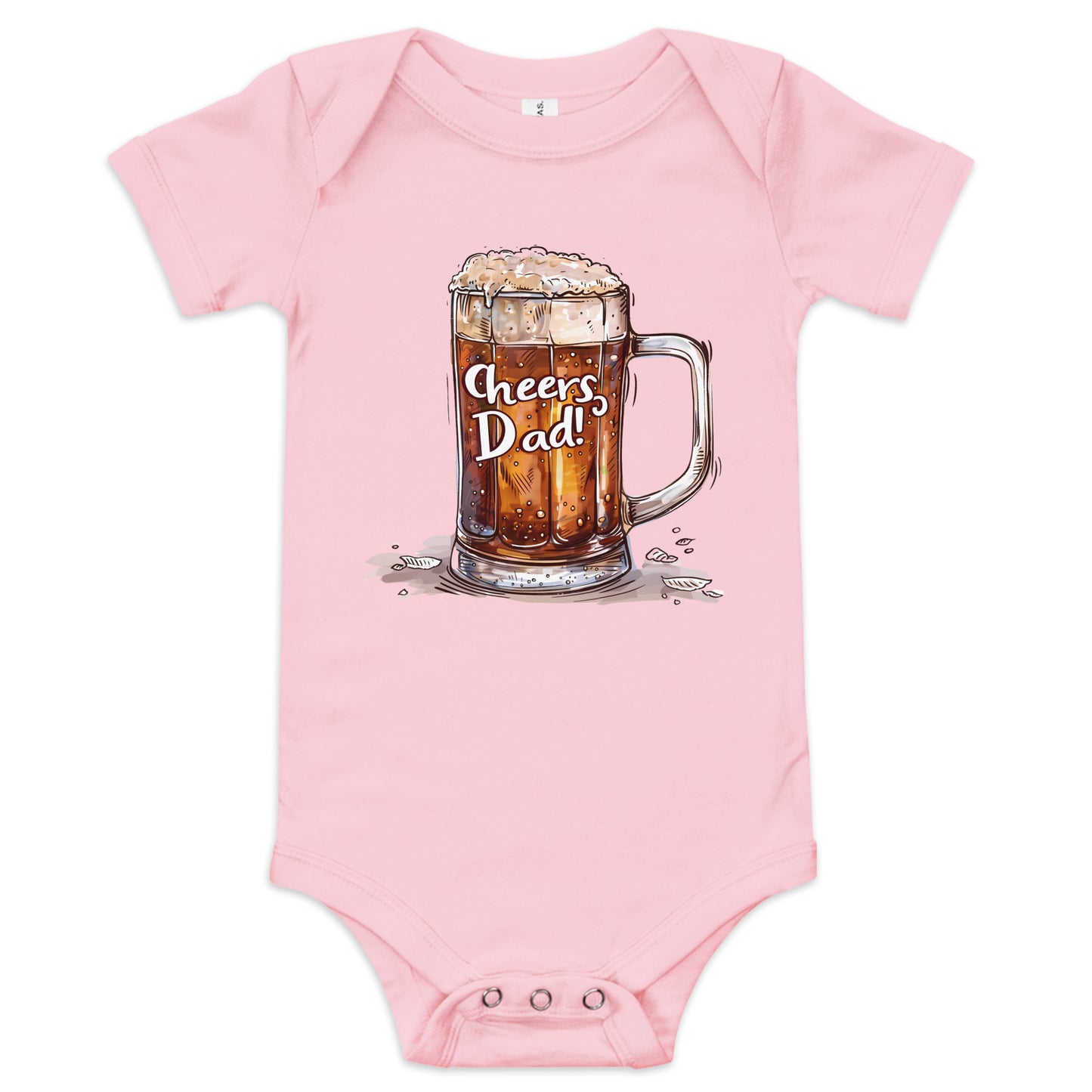 pink baby short sleeve one piece with picture of glass of beer with text "Cheers dad"