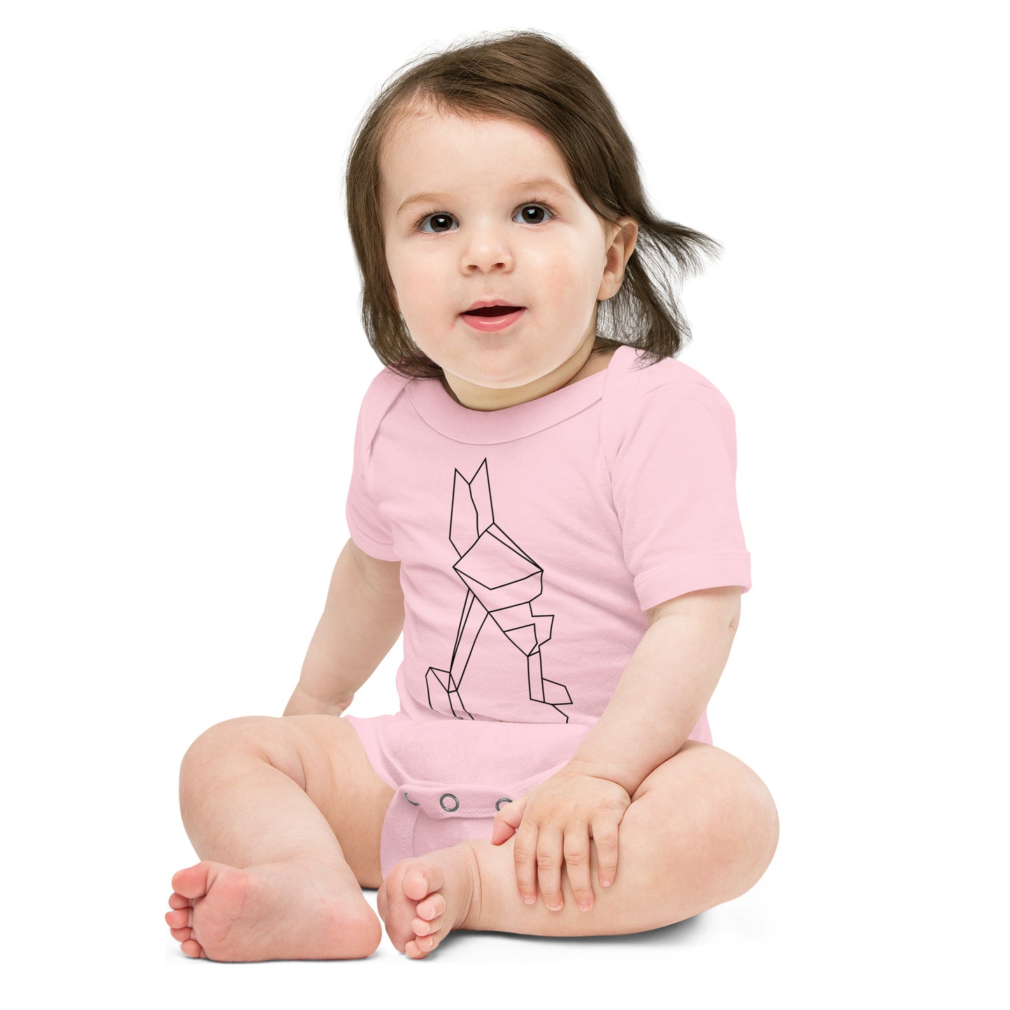 Baby with pink body with a print of origami rabbit