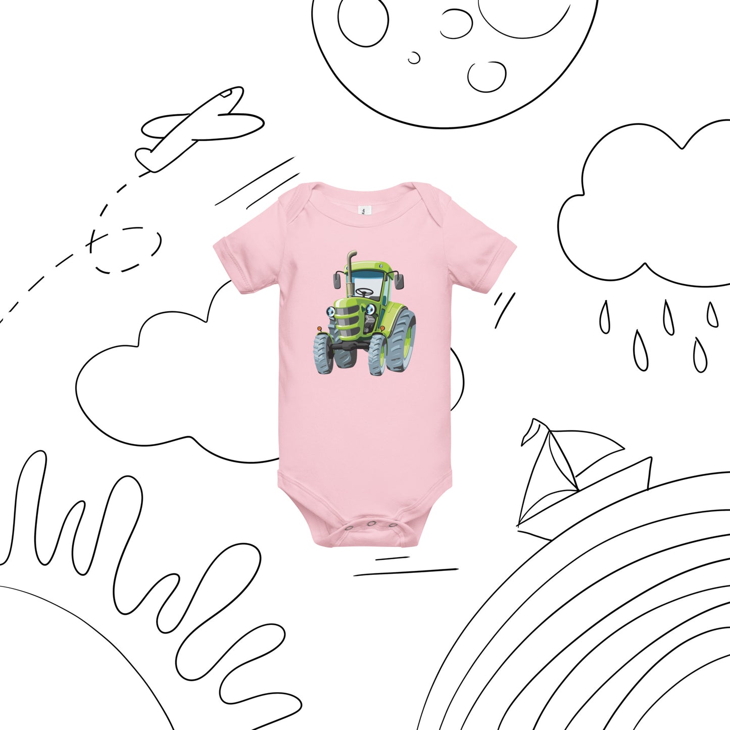 Pink short sleeve one piece with a print of a green tractor