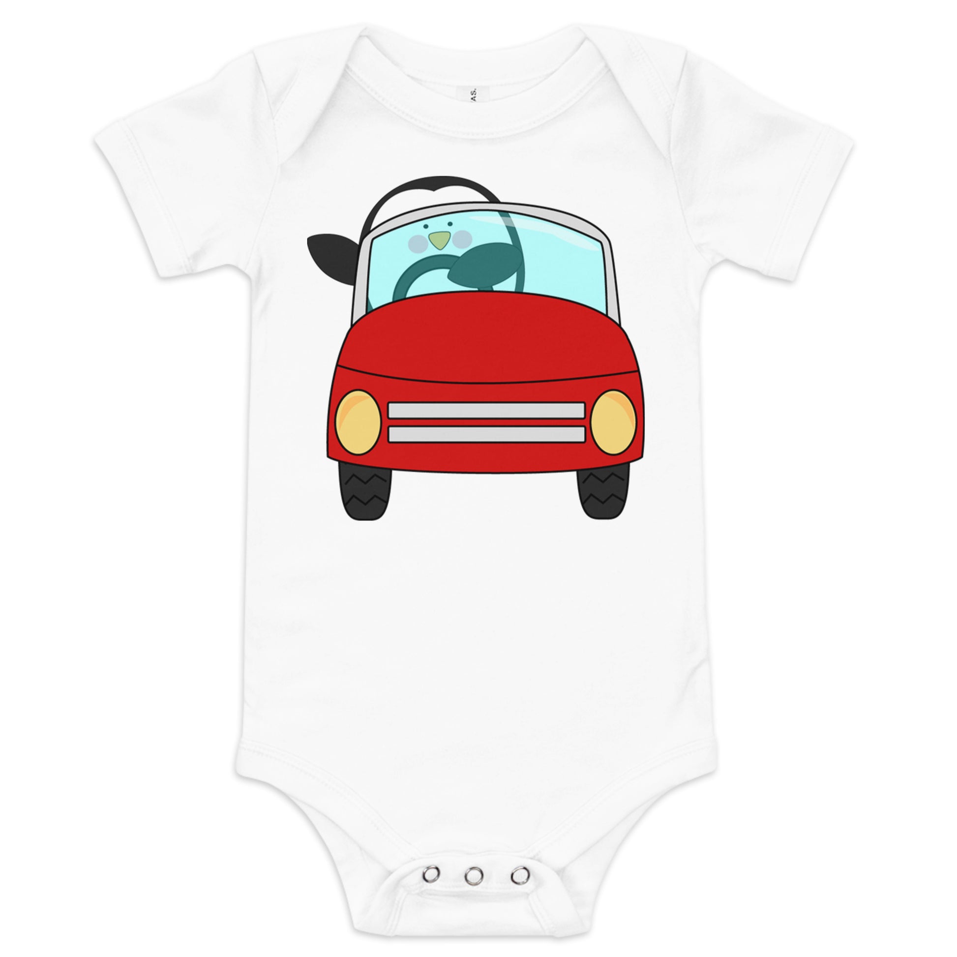 white baby short sleeve one piece with picture of penguin driving a red car