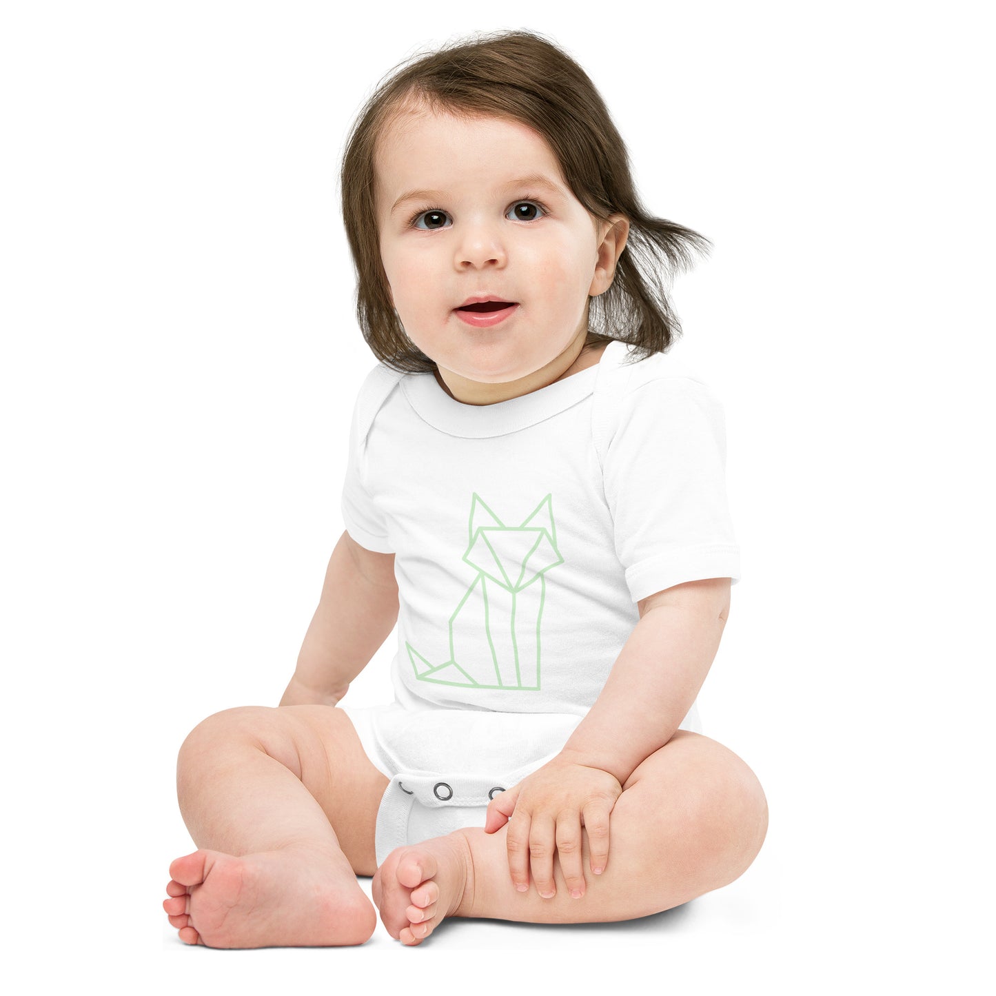 Baby with a white short sleeve one piece with a print of a fox in green